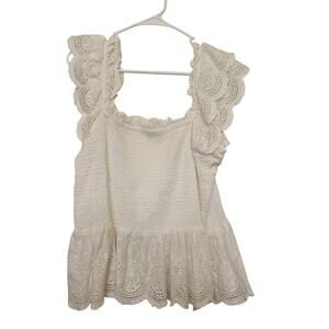 Jennifer & Grace White Eyelet Flutter Sleeves Smocked Peplum Blouse Top Sz Large